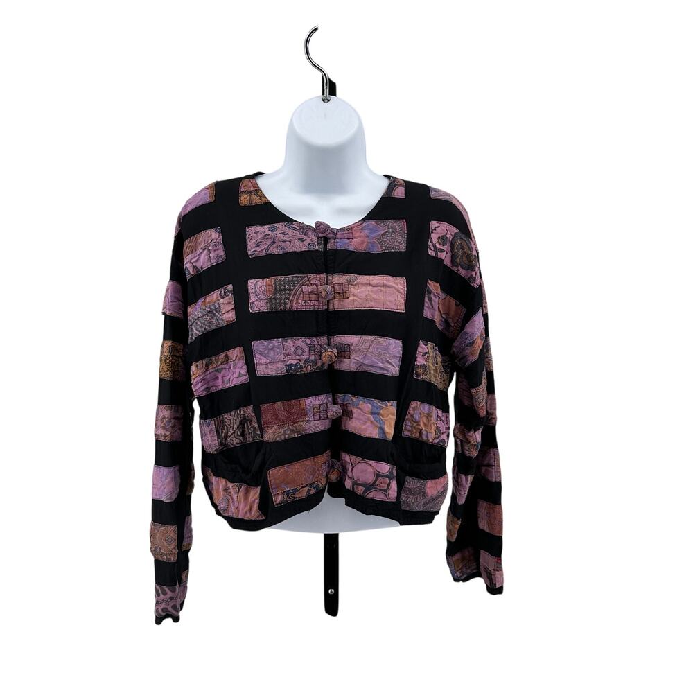 Meng Design Patchwork Jacket WMNS L Black Pink Cropped Artsy Boho 90s Vintage